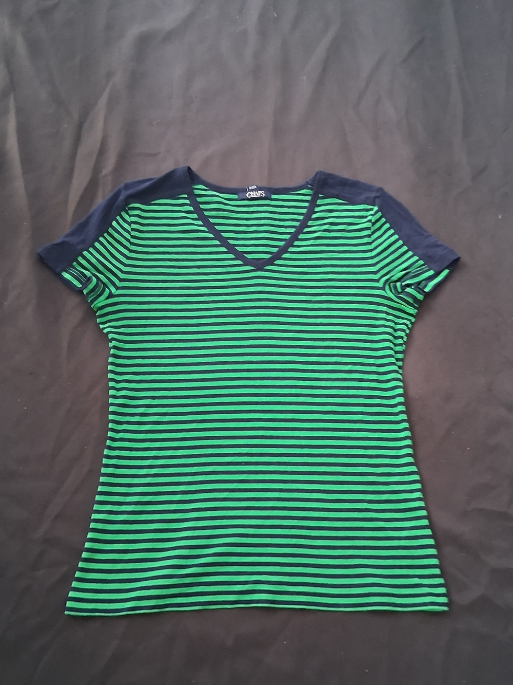 Chaps Green & Navy Striped V‑Neck Tee